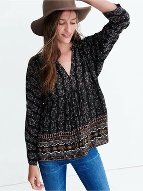 Madewell Black Boho Border-Print Peasant Blouse